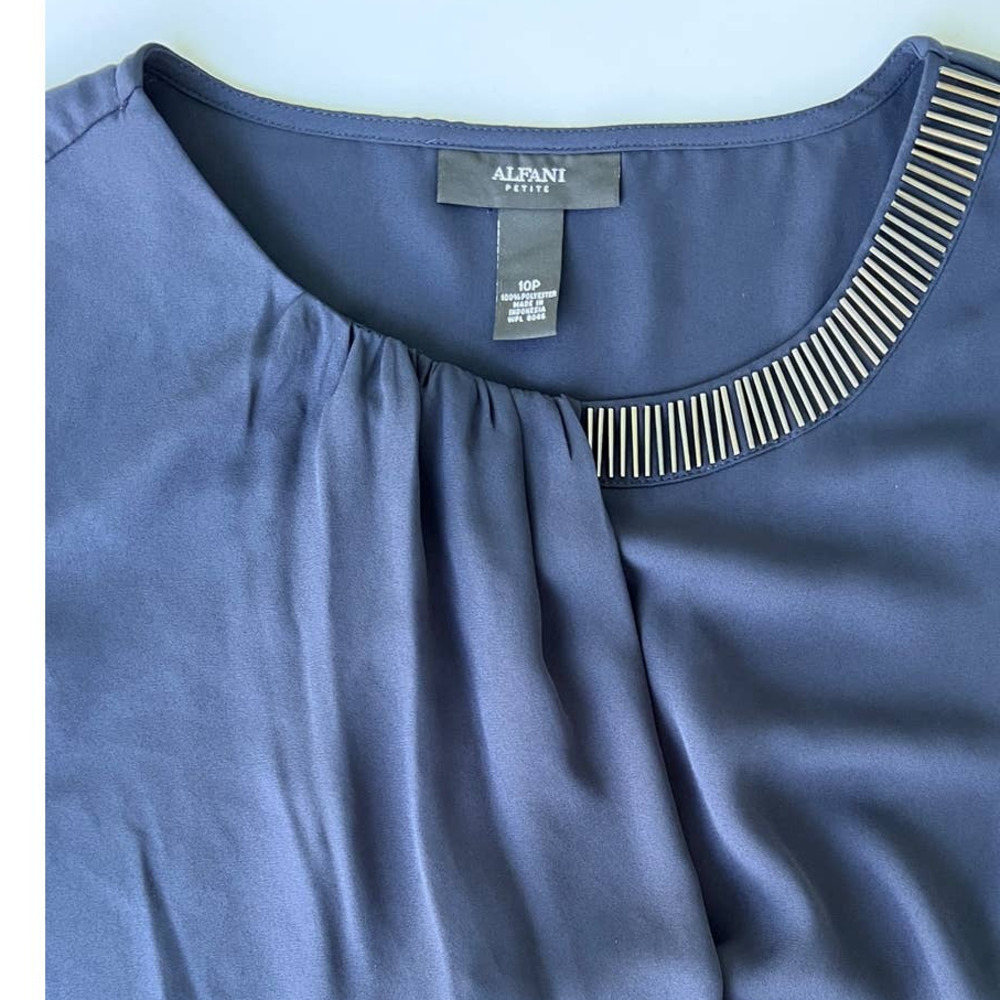 Alfani Navy Sheer Top Chiffon Sleeves Petite 10P Beaded Neckline Lightweight - Picture 8 of 12